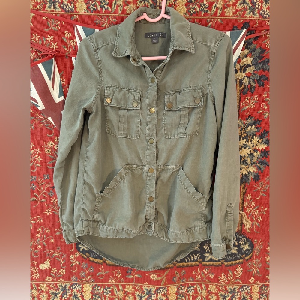 Level 99 Military Linen Shacket Shirt Snaps Jacket Lightweight Pockets Cargo